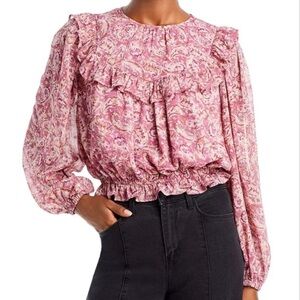 NWT AQUA Watercolor Paisley Long Sleeve Ruffle Detail Top Size Medium